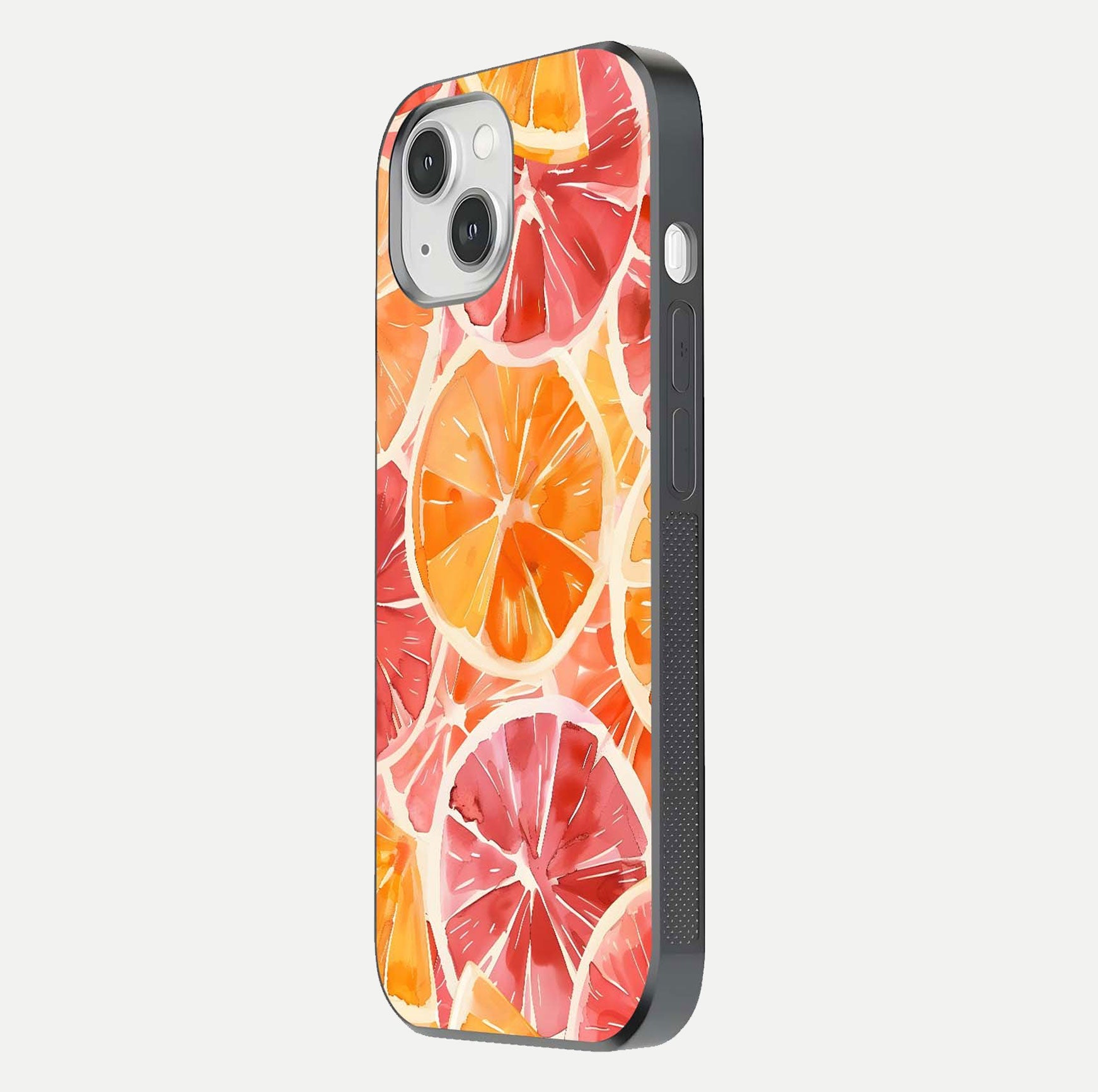 Orange Fruits Pattern Glass Case for iPhone 14 side-angle image showing glossy shine and citrus pattern