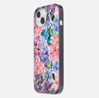 Pastel Floral Mix Glass Case for iPhone 14 side-angle image showing reflection and delicate pastel hues