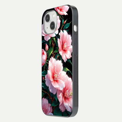 Peach Flower Glass Case for iPhone 14 side-angle image showing gloss depth and peach blossom detail