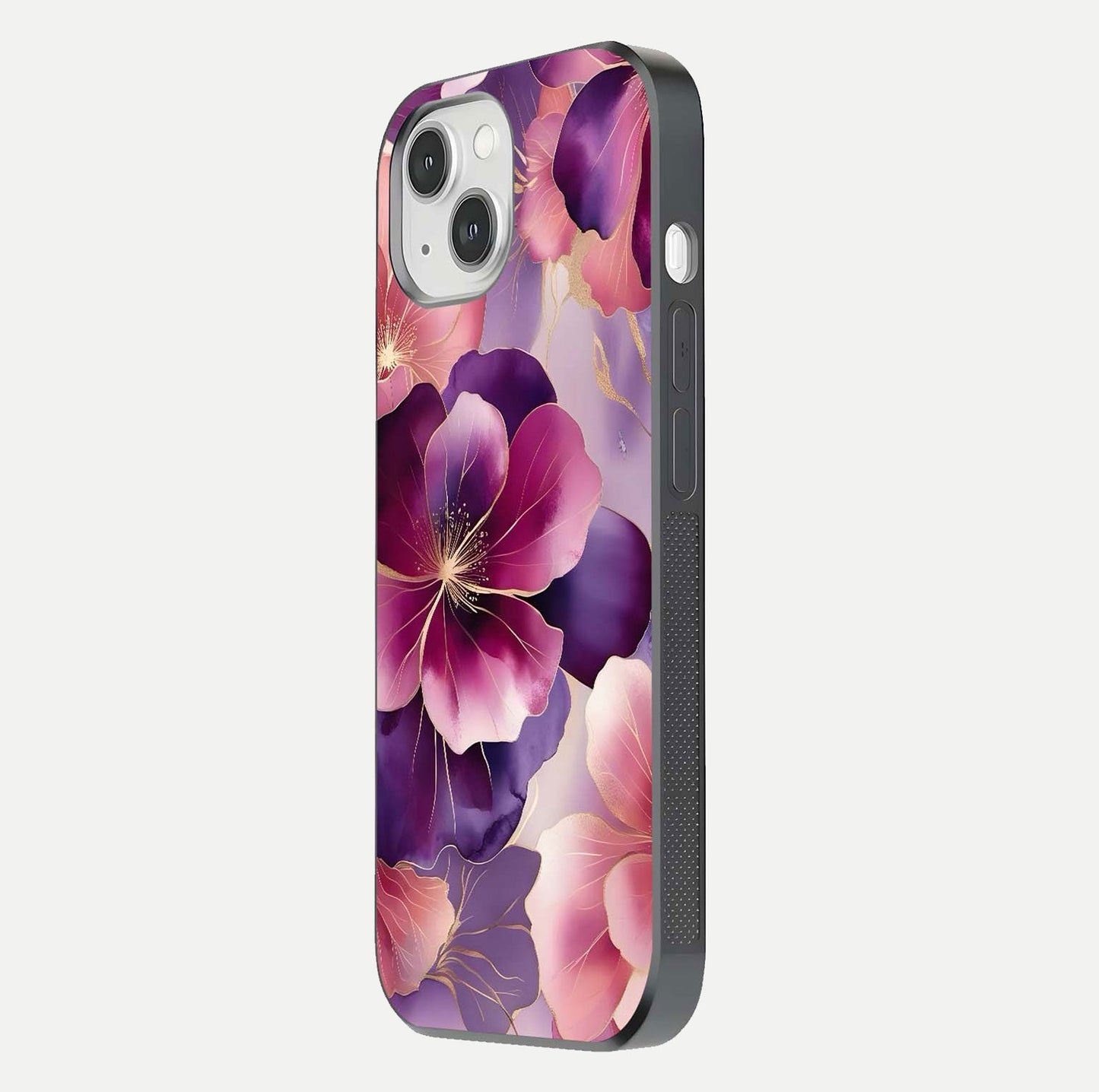 Pink Bouquet Florals Glass Case for iPhone 14 side-angle image showing floral texture and reflection clarity