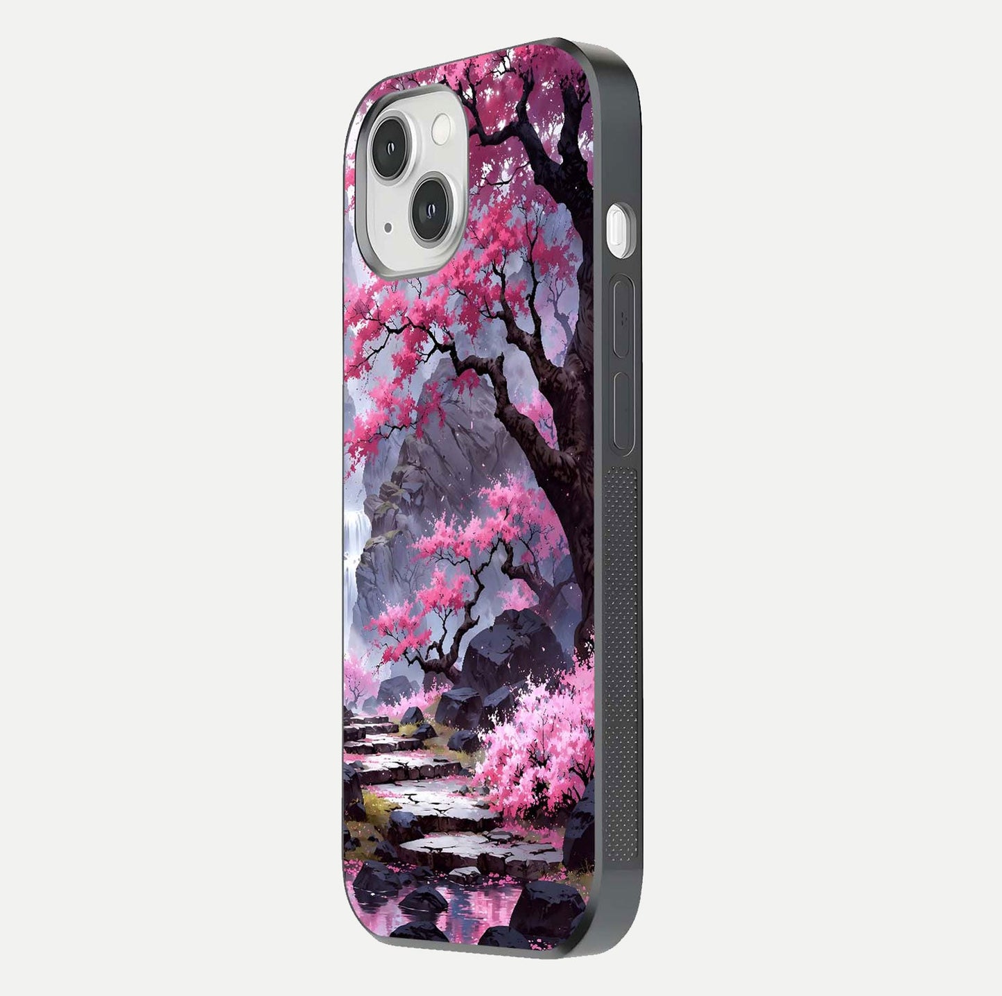 Pinkish Scenery Glass Case for iPhone 14 side-angle image showing depth, gloss, and scenic details