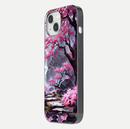 Pinkish Scenery Glass Case for iPhone 14 side-angle image showing depth, gloss, and scenic details