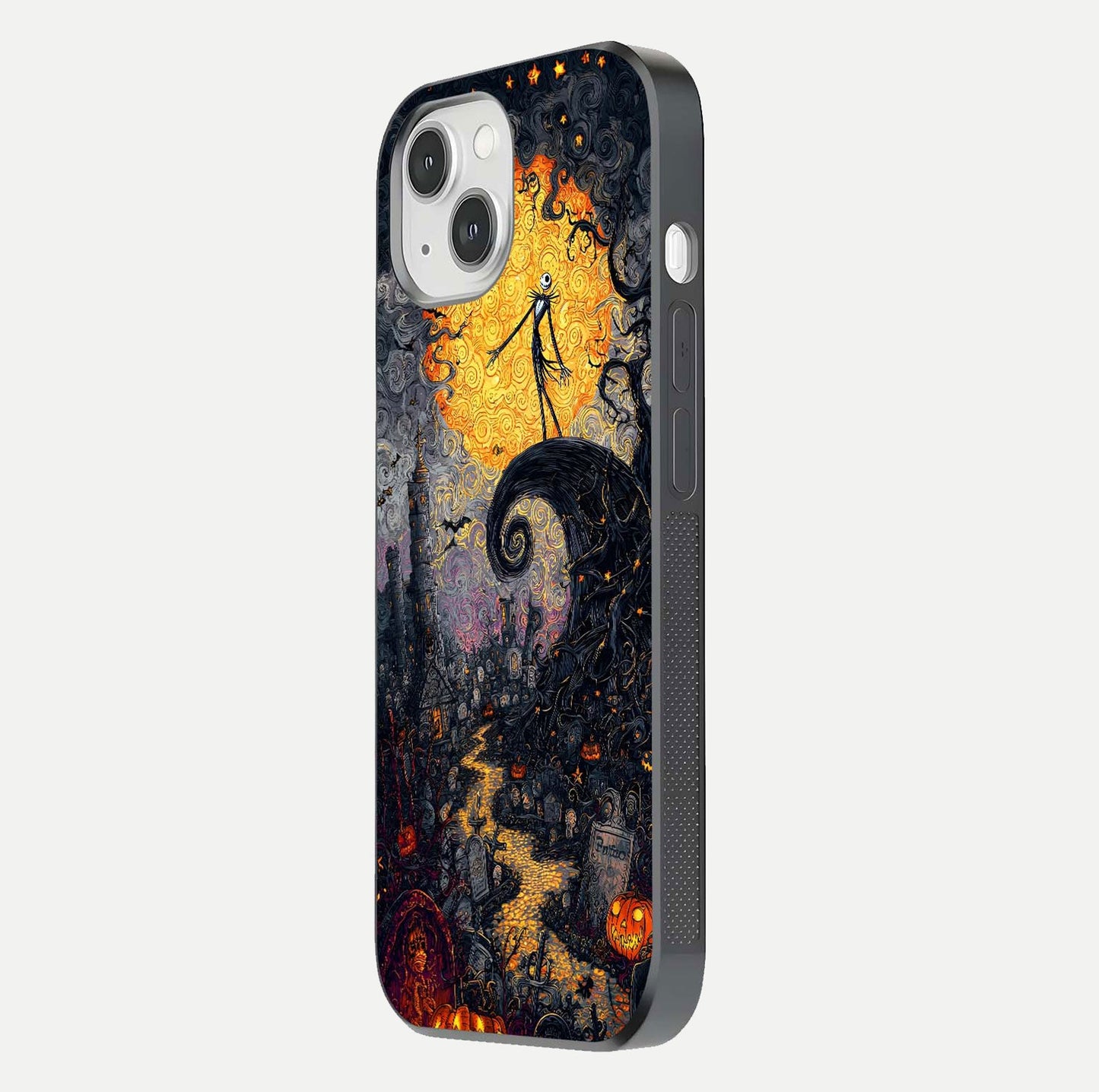 Pumpkin Moon Night Glass Case for iPhone 14 side-angle image showing reflection depth and pumpkin pattern
