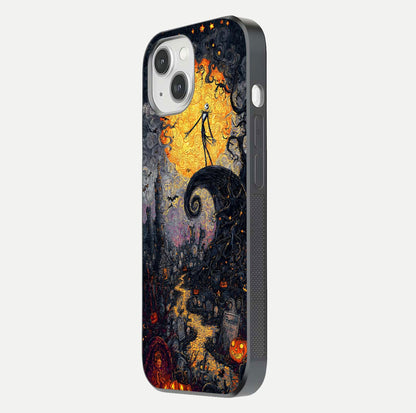 Pumpkin Moon Night Glass Case for iPhone 14 side-angle image showing reflection depth and pumpkin pattern