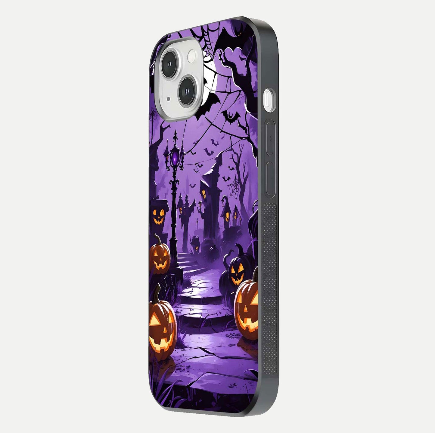 Pumpkin Patch Halloween Glass Case for iPhone 14 side-angle image showing shine, camera cutout, and spooky art