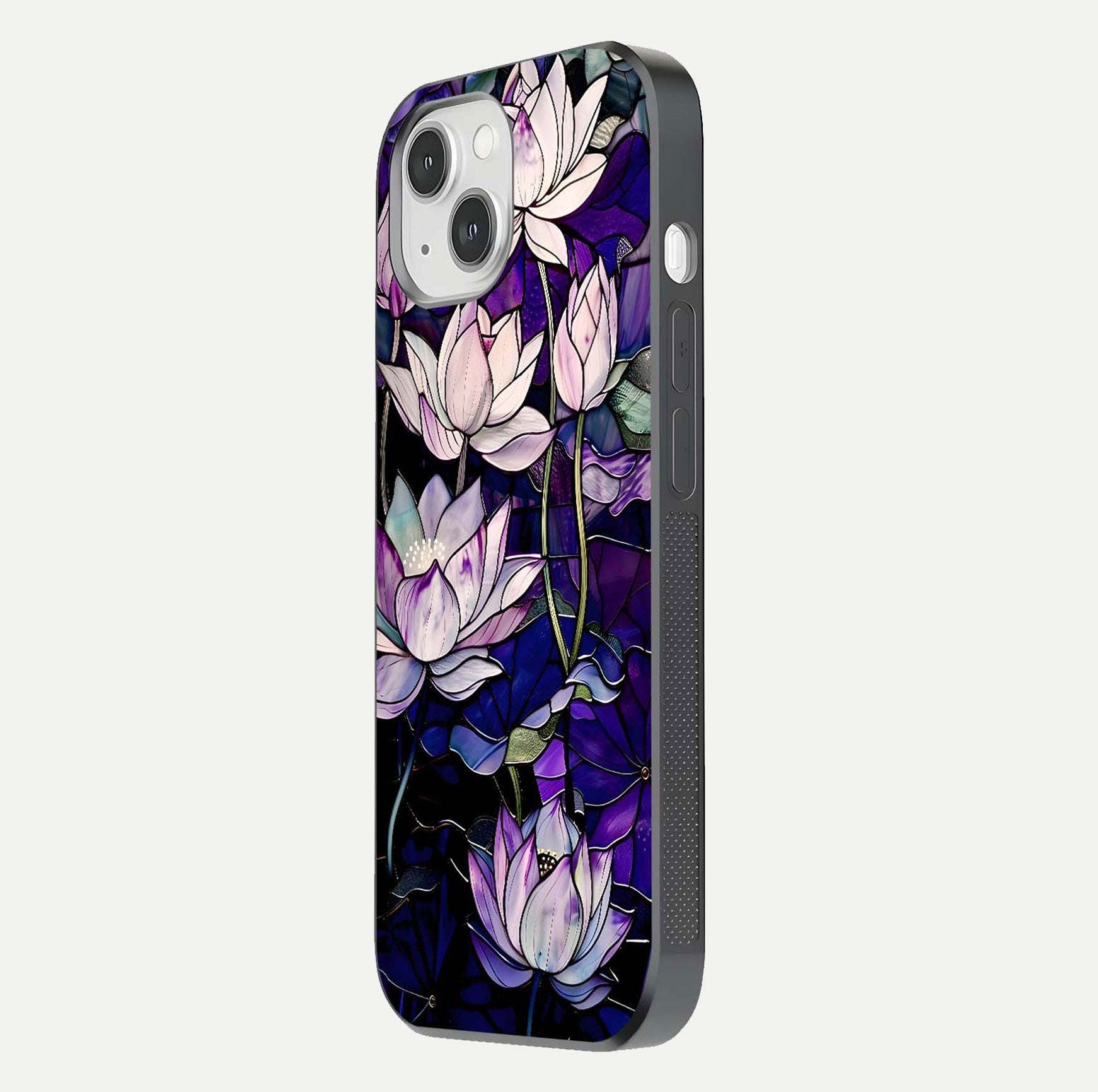 Purple Lotus Pattern Glass Case for iPhone 14 side-angle image showing reflection depth and lotus detail