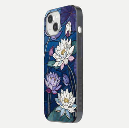 Purple Lotus Stained Glass Case for iPhone 14 side-angle image showing gloss, reflection, and intricate detailing
