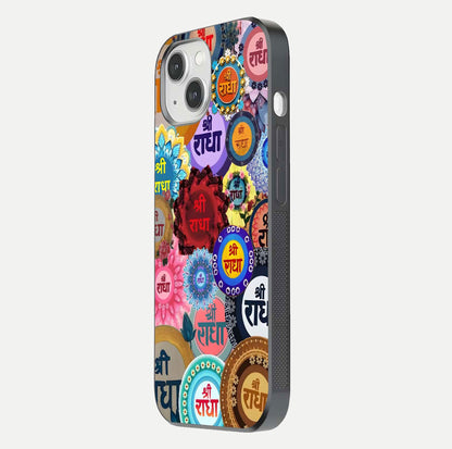 Radha Divine Bloom Glass Case for iPhone 14 side-angle image showing shine, reflection, and floral motif