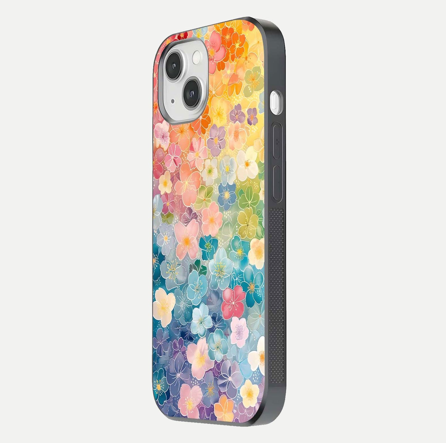 Rainbow Blossom Burst Glass Case for iPhone 14 side-angle image showing reflection and floral burst detail