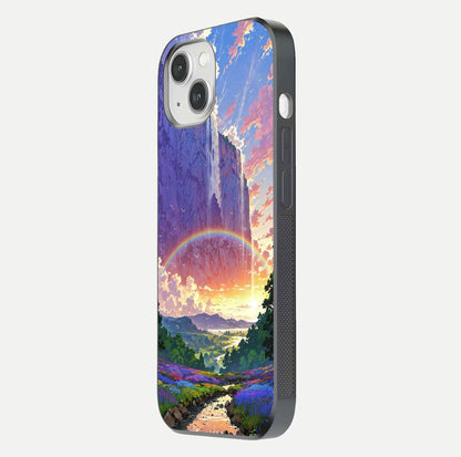 Rainbow Valley Dream Glass Case for iPhone 16 Pro side-angle image showing light reflection and scenic tones