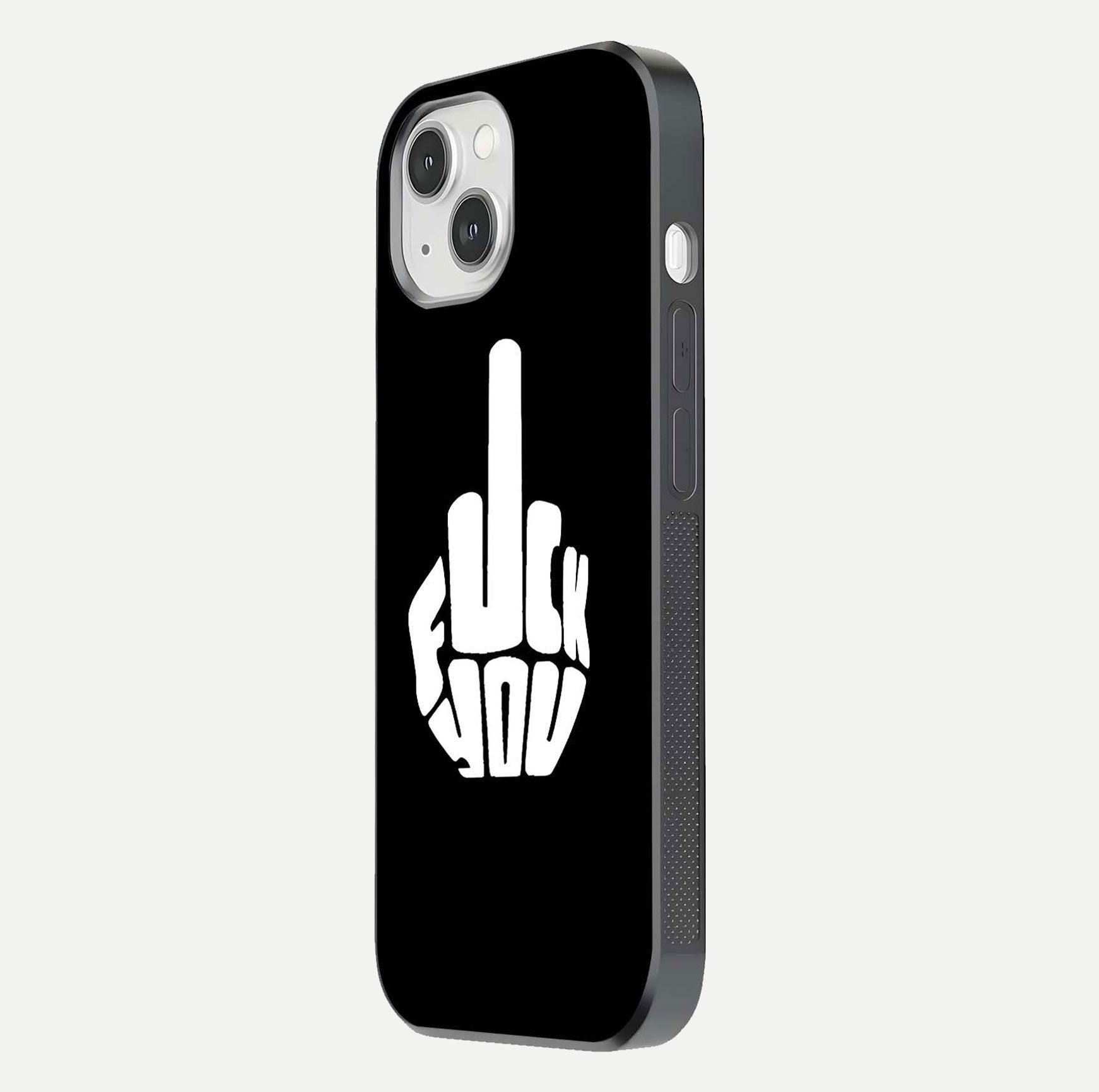 Rebel Mode On Glass Case for iPhone 14 side-angle image showing reflection, edge detail, and text clarity