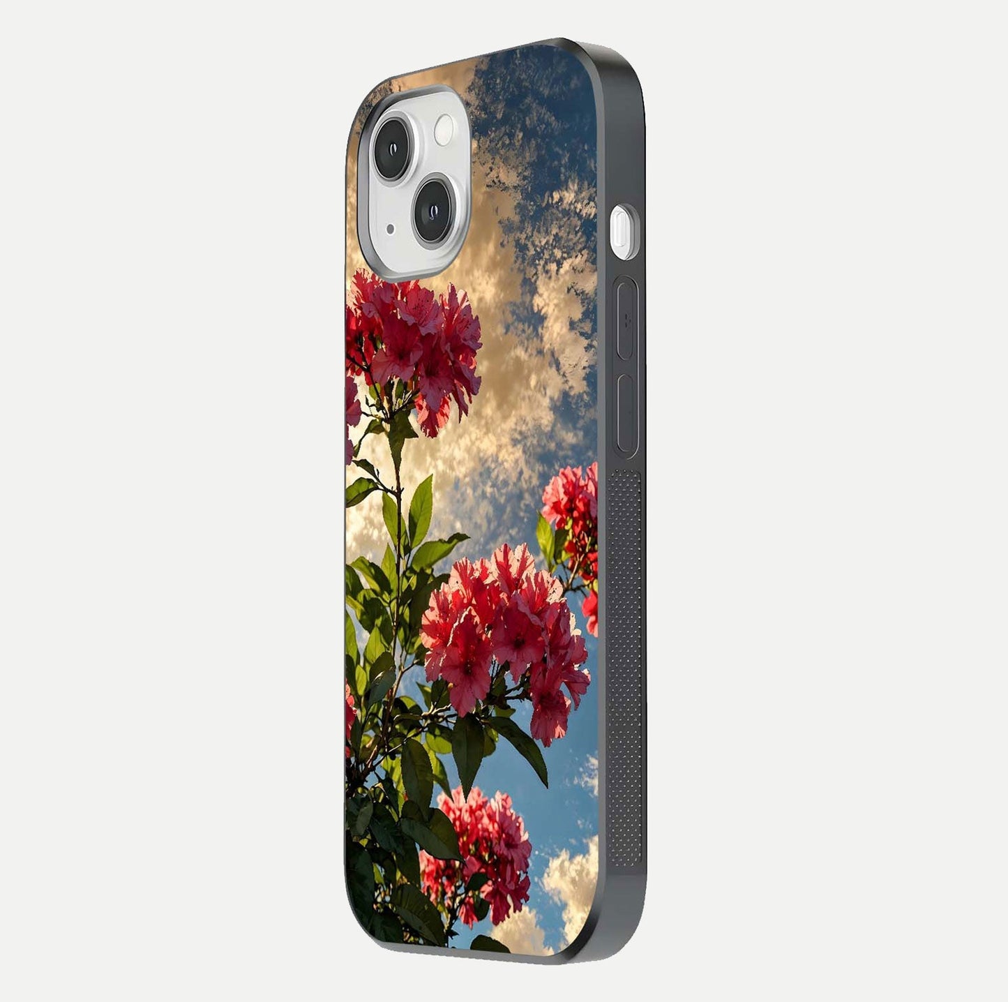 Red Bloom Skies Glass Case for iPhone 14 side-angle image showing reflection, print clarity, and tone blend