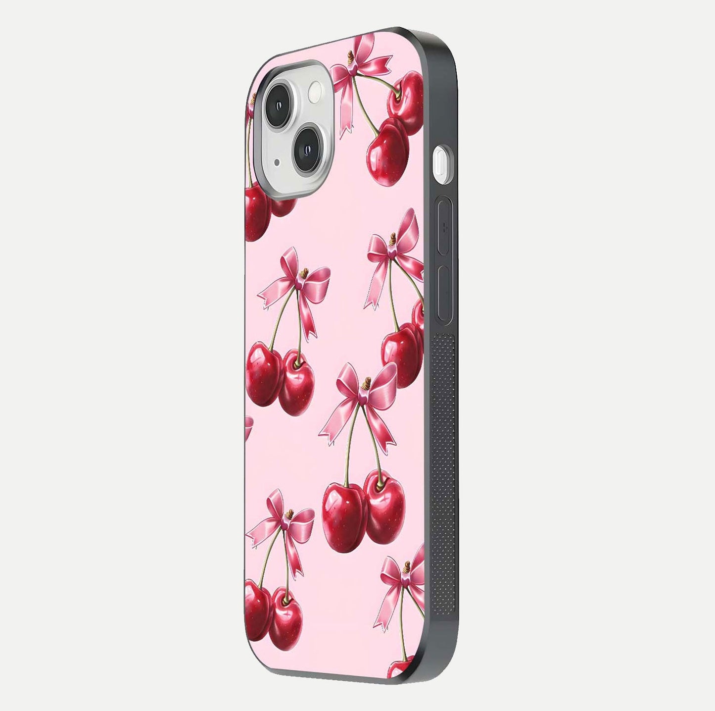 Red Cherries Pattern Glass Case for iPhone 14 side-angle image showing gloss surface and cherry details