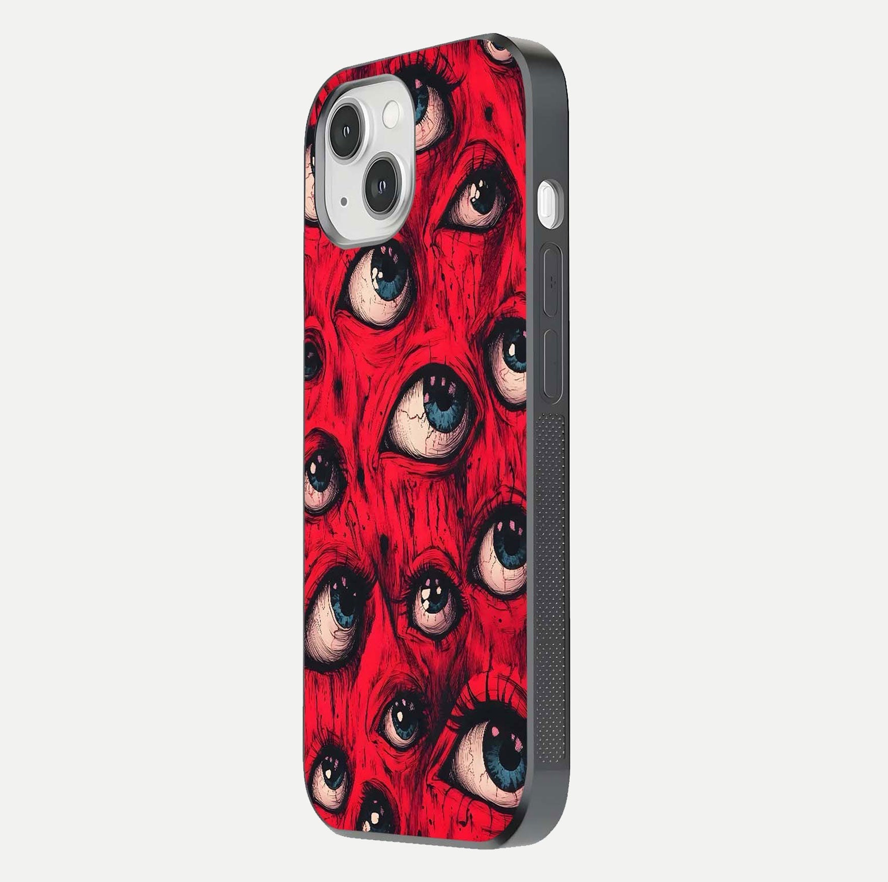 Red Eyes Pattern Glass Case for iPhone 14 side-angle image showing shine, detail, and red tone clarity