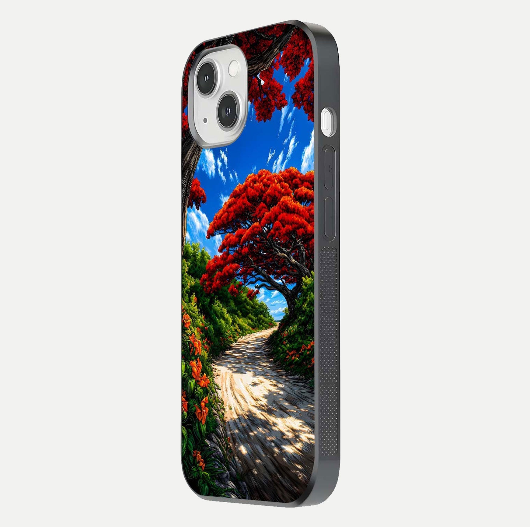 Red Trees Pathway Glass Case for iPhone 14 side-angle image showing reflection and autumn vibe