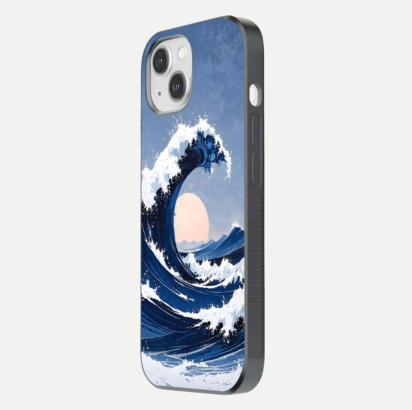 Rising Tide Power Glass Case for iPhone 14 side-angle image showing shine and detailed ocean art