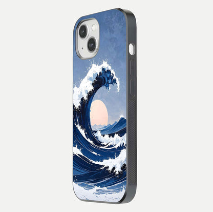 Rising Tide Power Glass Case for iPhone 14 side-angle image showing shine and detailed ocean art