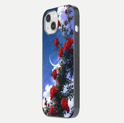 Rose Drift Flowers Glass Case for iPhone 14 side-angle image showing reflection and petal detail