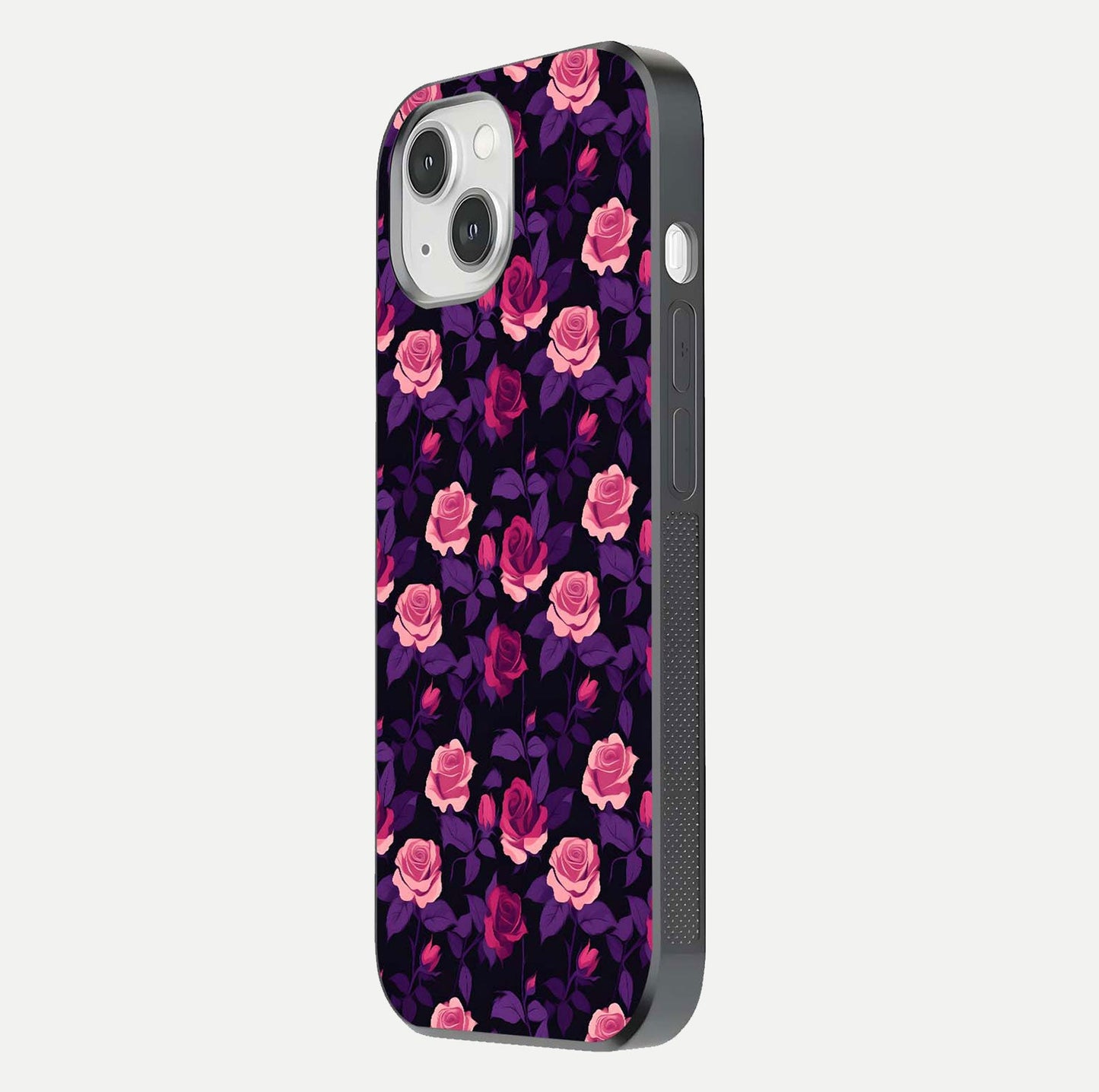 Rose Garden Twilight Glass Case for iPhone 14 side-angle image showing reflection, gloss, and floral detail