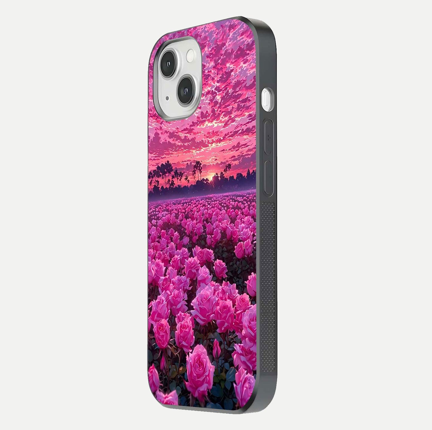 Rose Sunset Valley Glass Case for iPhone 14 side-angle image showing smooth edges and floral glow