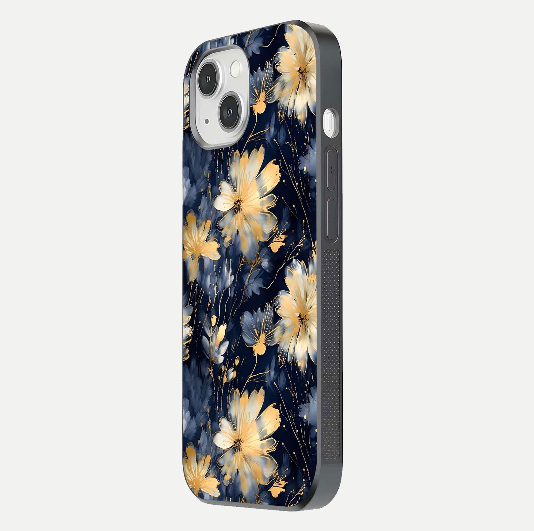 Royal Petal Dream Glass Case for iPhone 14 side-angle image showing smooth edges and royal bloom details