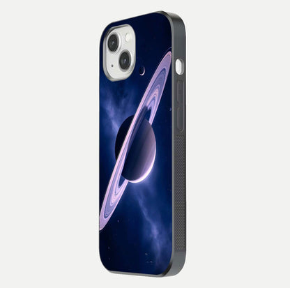 Saturn Ring Mystique Glass Case for iPhone 14 side-angle image showing shine and galaxy ring focus