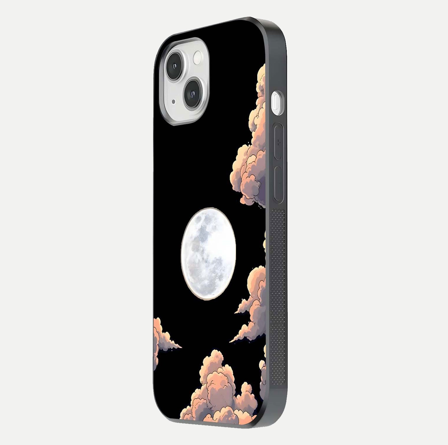 Shade Cloud Moon Glass Case for iPhone 14 side-angle image showing reflection and night-sky detail