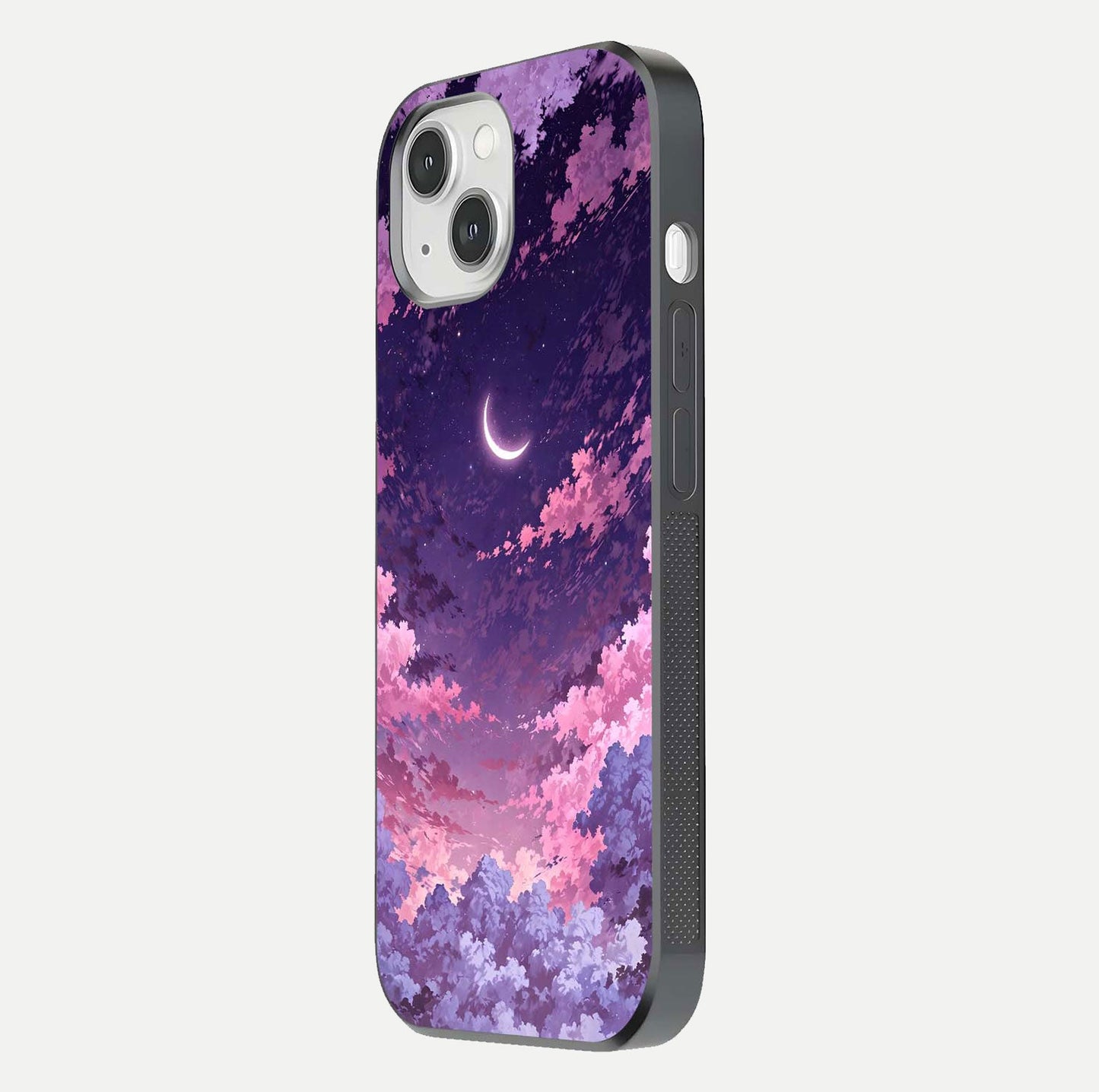 Sky Drift Clouds Glass Case for iPhone 14 side-angle image showing reflection, blue tones, and soft gradient