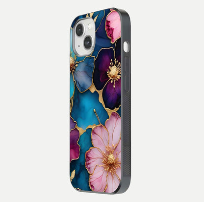 Sparkle Floral Glass Case for iPhone 14 side-angle image showing reflection, gloss, and floral texture