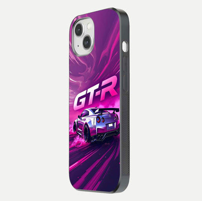 Speed Drift Legend Glass Case for iPhone 14 side-angle image showing car print reflection and surface gloss