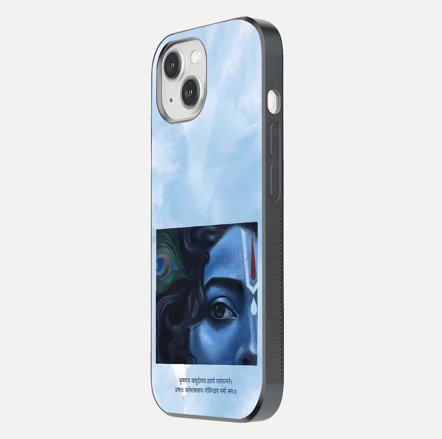 Spiritual Krishna Glass Case for iPhone 16 Pro side-angle image showing reflection and vivid artwork clarity