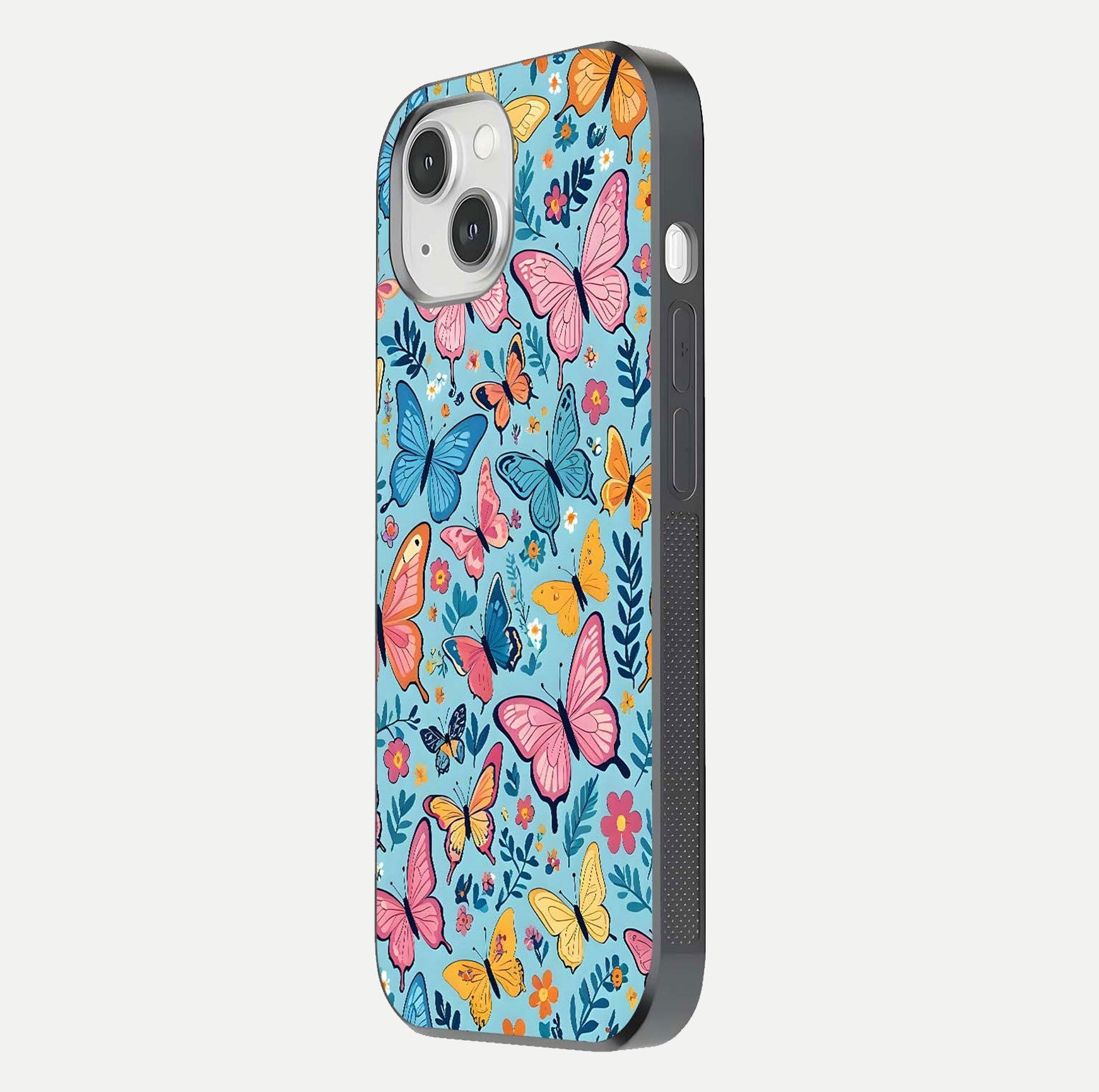Spring Wing Garden Glass Case for iPhone 14 side-angle image showing shine, color, and pattern depth