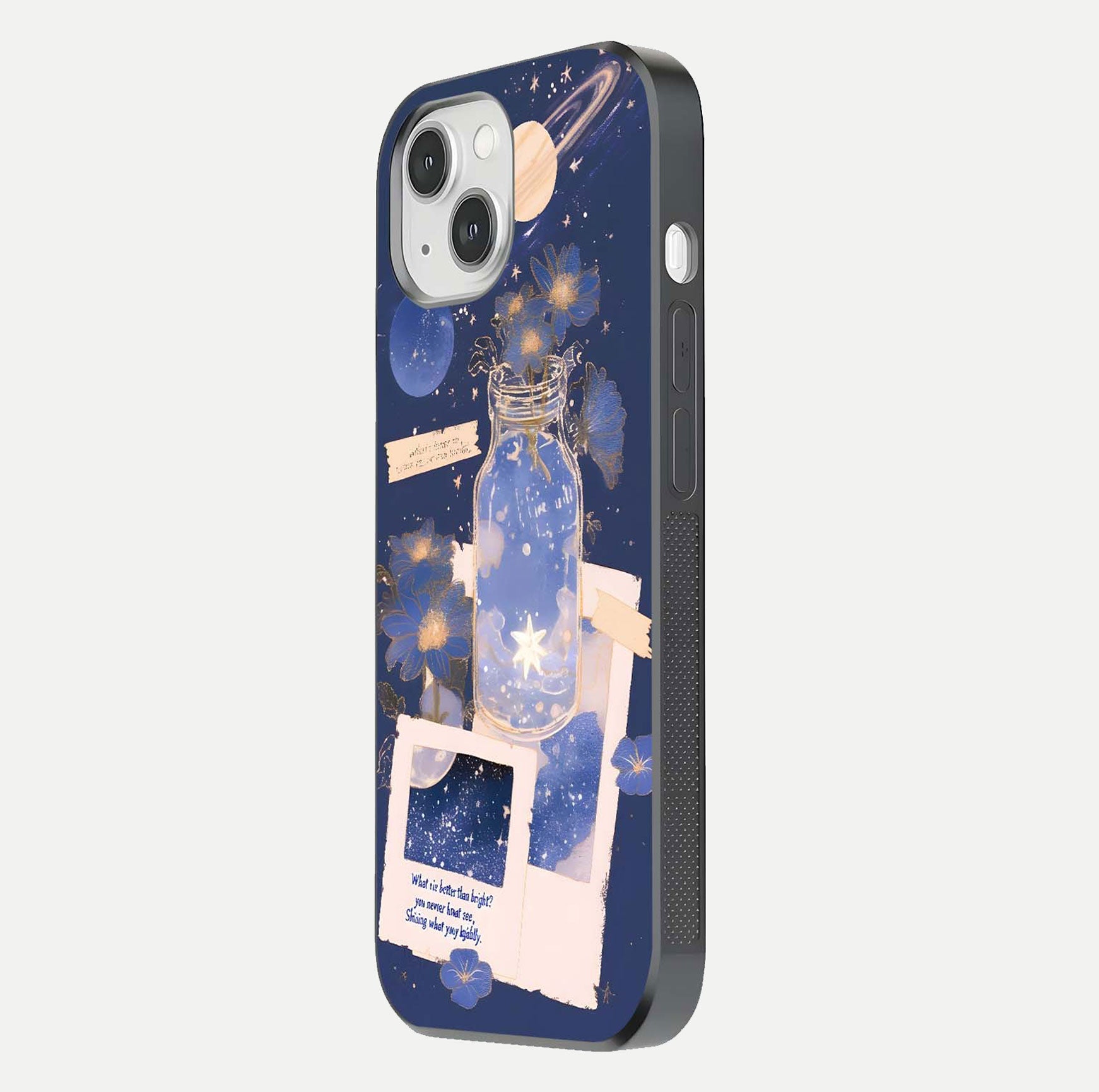 Starlit Cosmic Jar Glass Case for iPhone 14 side-angle image showing glow, texture, and light reflection