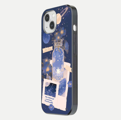 Starlit Cosmic Jar Glass Case for iPhone 14 side-angle image showing glow, texture, and light reflection