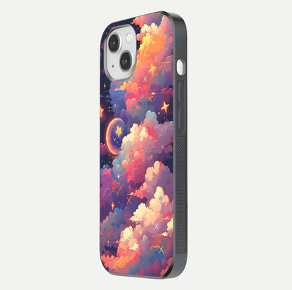 Starlit Dream Clouds Glass Case for iPhone 14 side-angle image showing shine, reflection, and dreamy tones