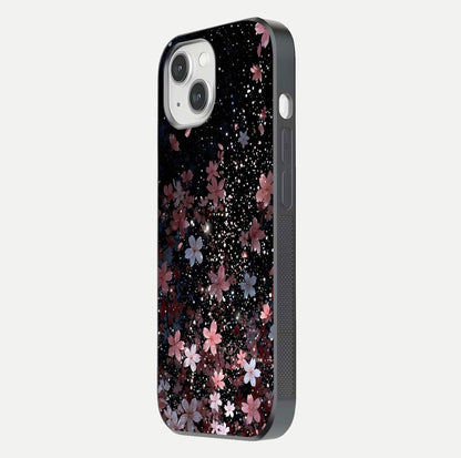 Starlit Flower Dreams Glass Case for iPhone 14 side-angle image showing shine, edge detail, and floral contrast
