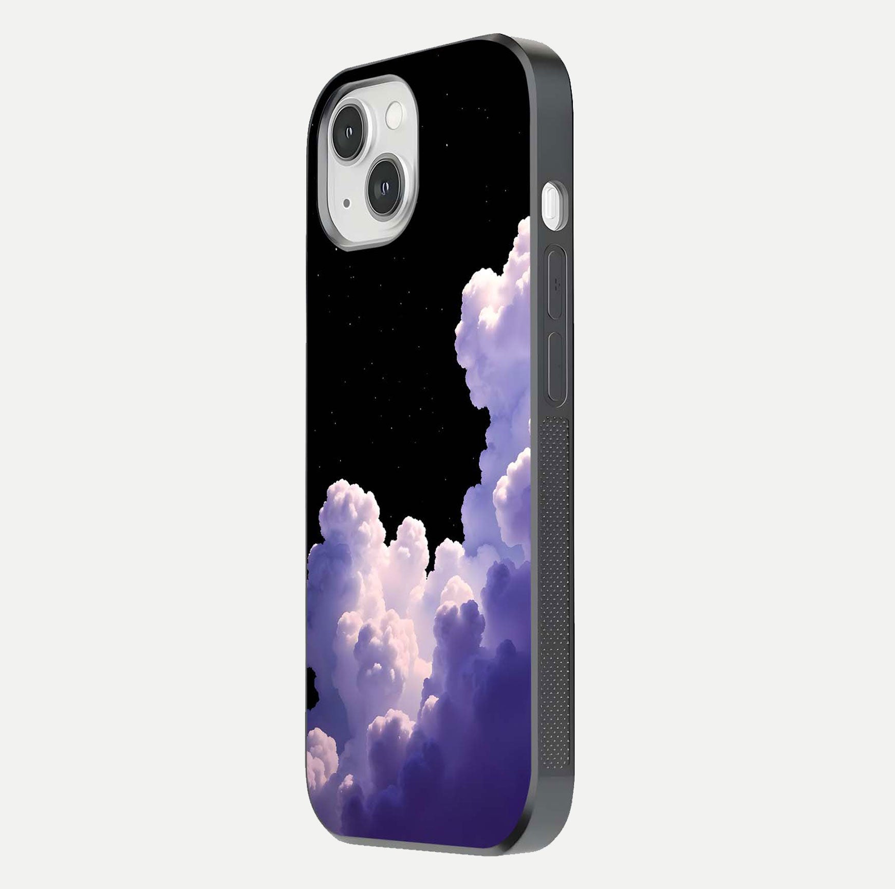 Starlit Night Whispers Glass Case for iPhone 14 side-angle image showing reflection and night pattern shine
