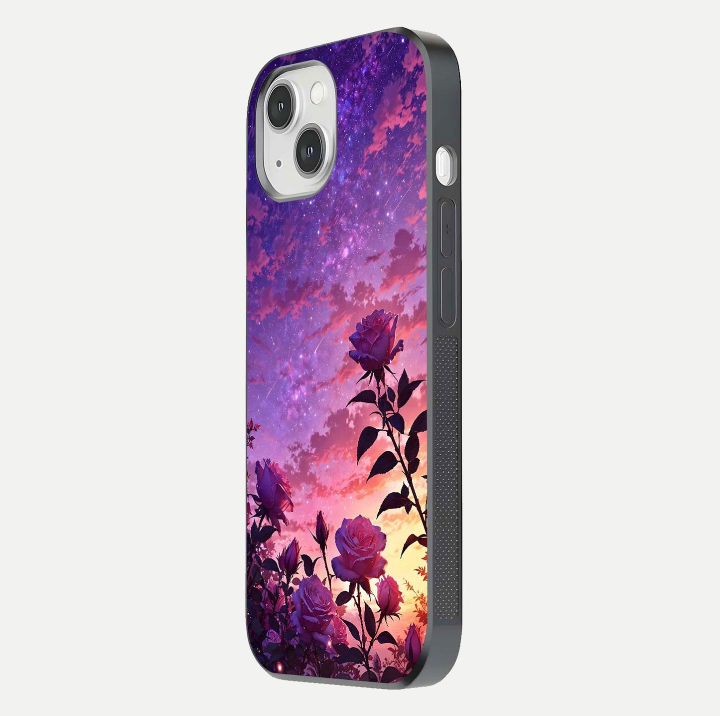 Starlit Rose Twilight Glass Case for iPhone 14 side-angle image showing reflection and petal contrast
