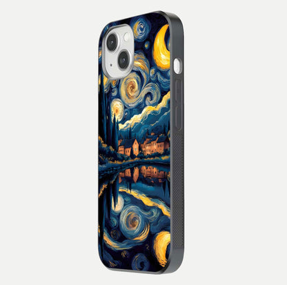 Starry Sky Serenity Glass Case for iPhone 14 side-angle image showing reflection and night-sky detail