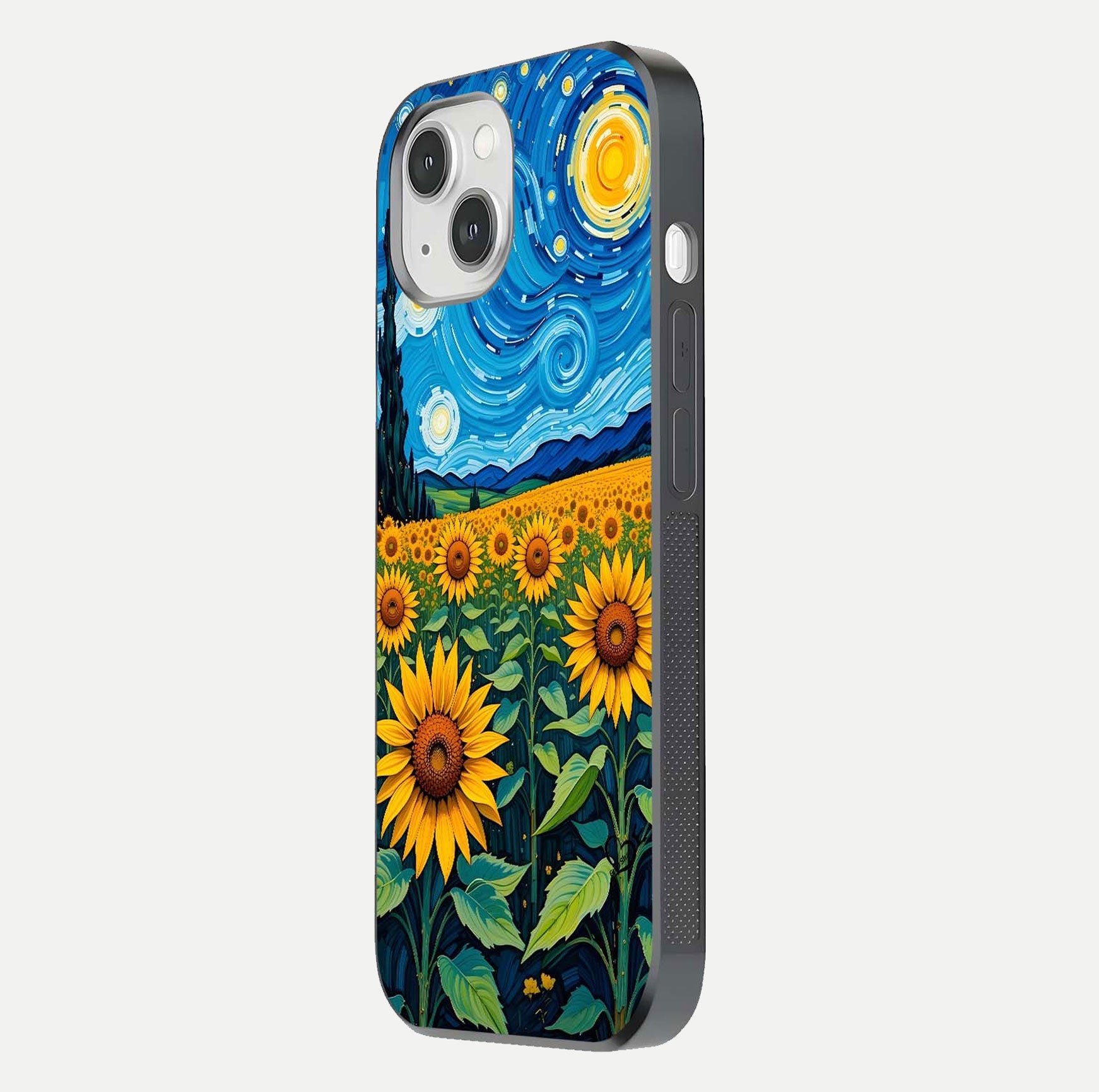 Starry Sunflower Dreams Glass Case for iPhone 14 side-angle image showing reflection, stars, and yellow tone