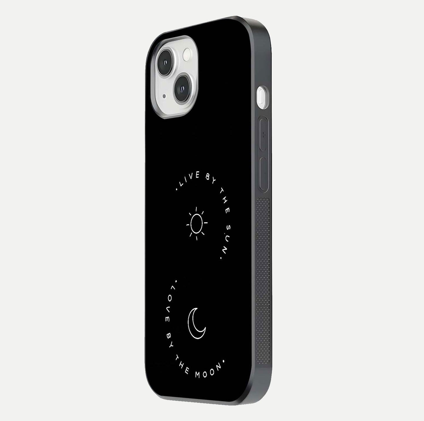Sun Moon Balance Glass Case for iPhone 14 side-angle image showing reflection and celestial detailing