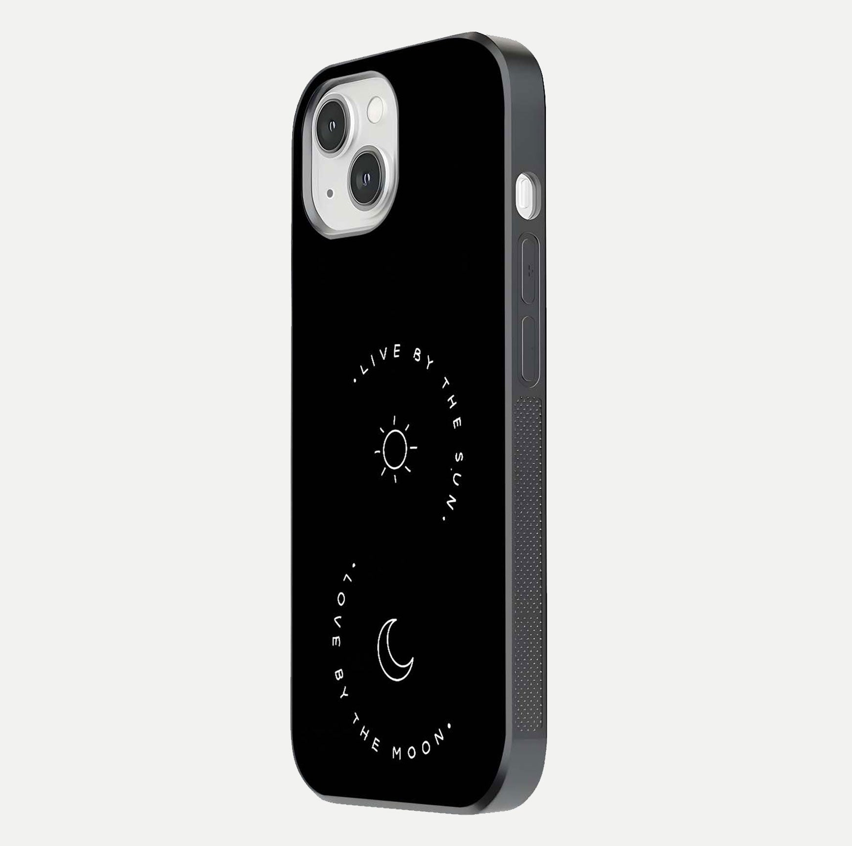 Sun Moon Balance Glass Case for iPhone 14 side-angle image showing reflection and celestial detailing