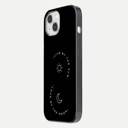 Sun Moon Balance Glass Case for iPhone 14 side-angle image showing reflection and celestial detailing