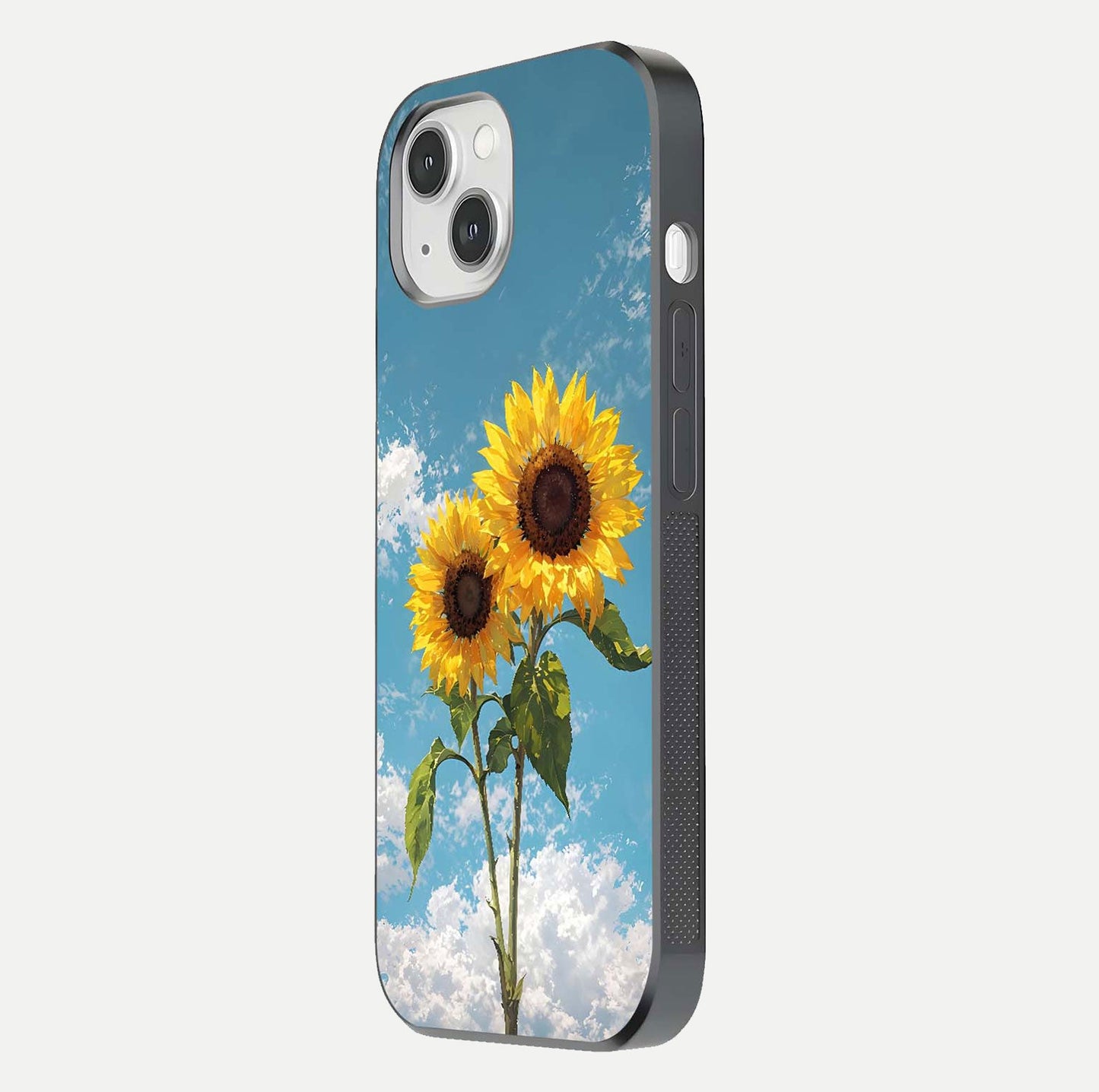 Sunflower Sky Bloom Glass Case for iPhone 14 side-angle image showing reflection, edges, and sunflower color