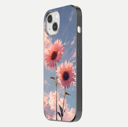 Sunlit Daisy Glow Glass Case for iPhone 14 side-angle image showing shine, gloss, and floral highlight