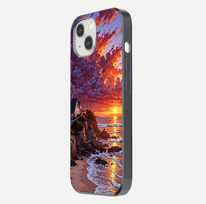 Sunset House by Sea Glass Case for iPhone 14 side-angle image showing reflection and seaside color tone