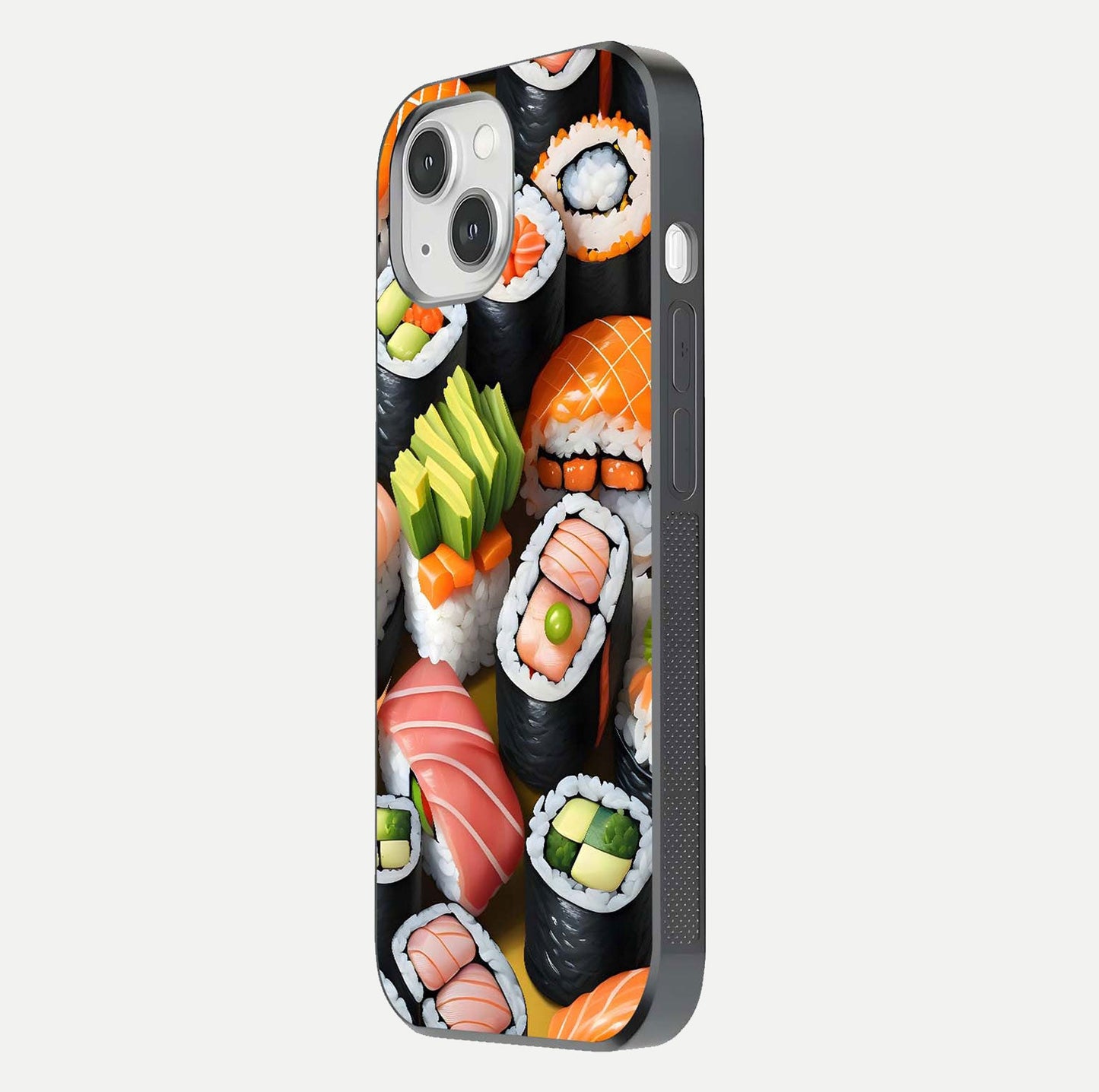 Sushi Food Pattern Glass Case for iPhone 14 side-angle image showing shine, gloss, and sushi artwork