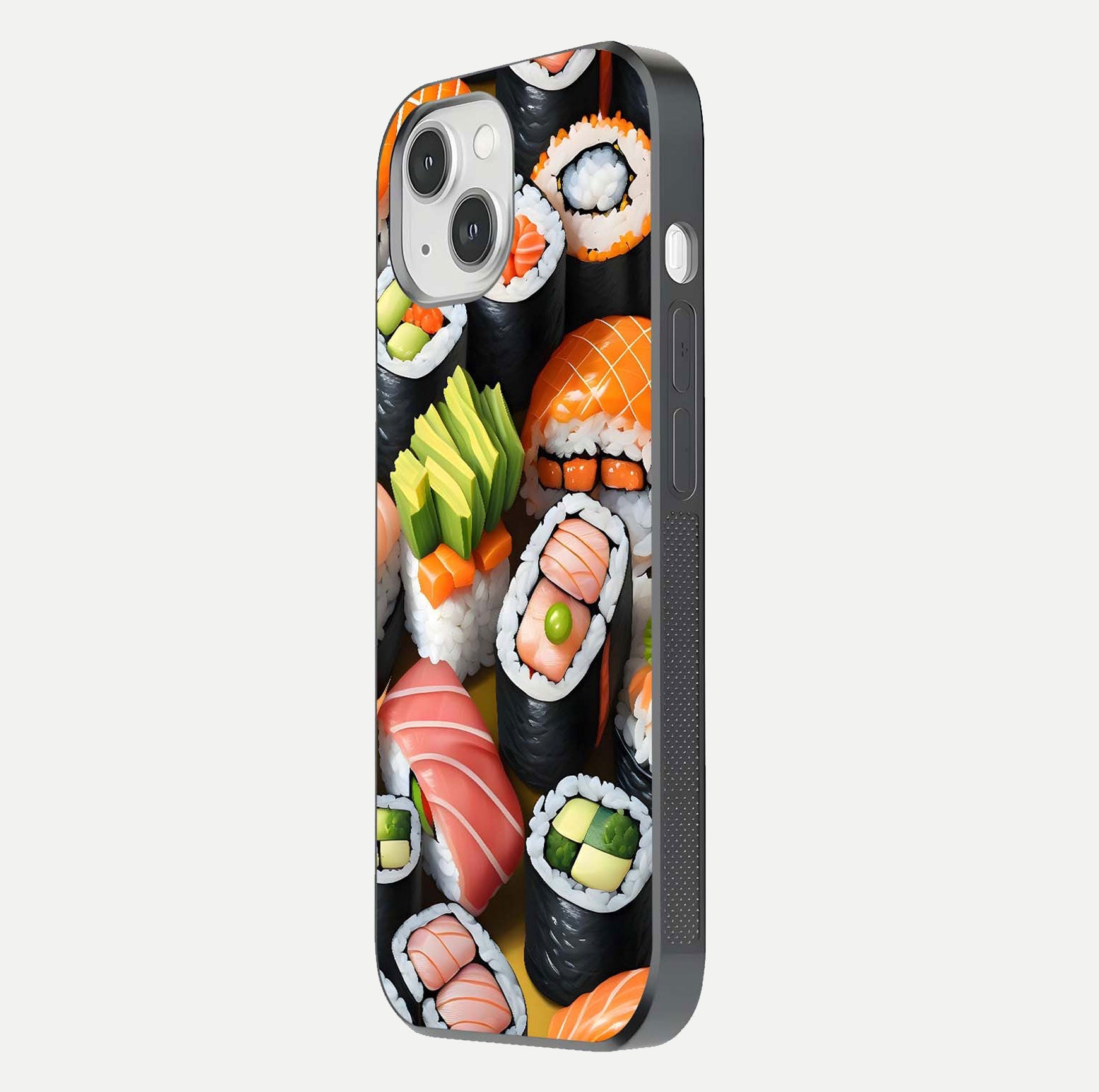 Sushi Food Pattern Glass Case for iPhone 14 side-angle image showing shine, gloss, and sushi artwork