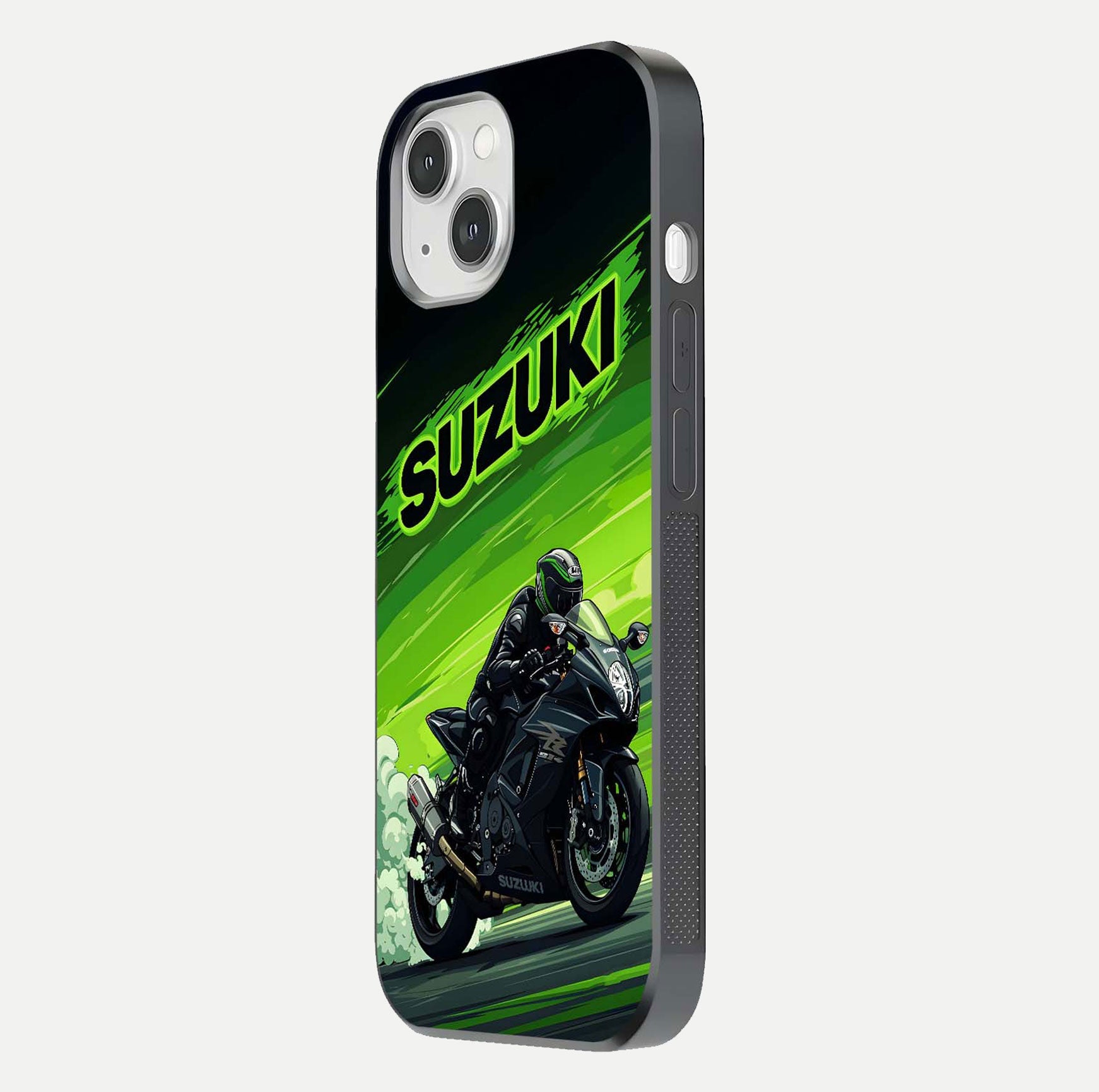 Suzuki Speed Beast Glass Case for iPhone 14 side-angle image showing reflection, gloss, and car detailing