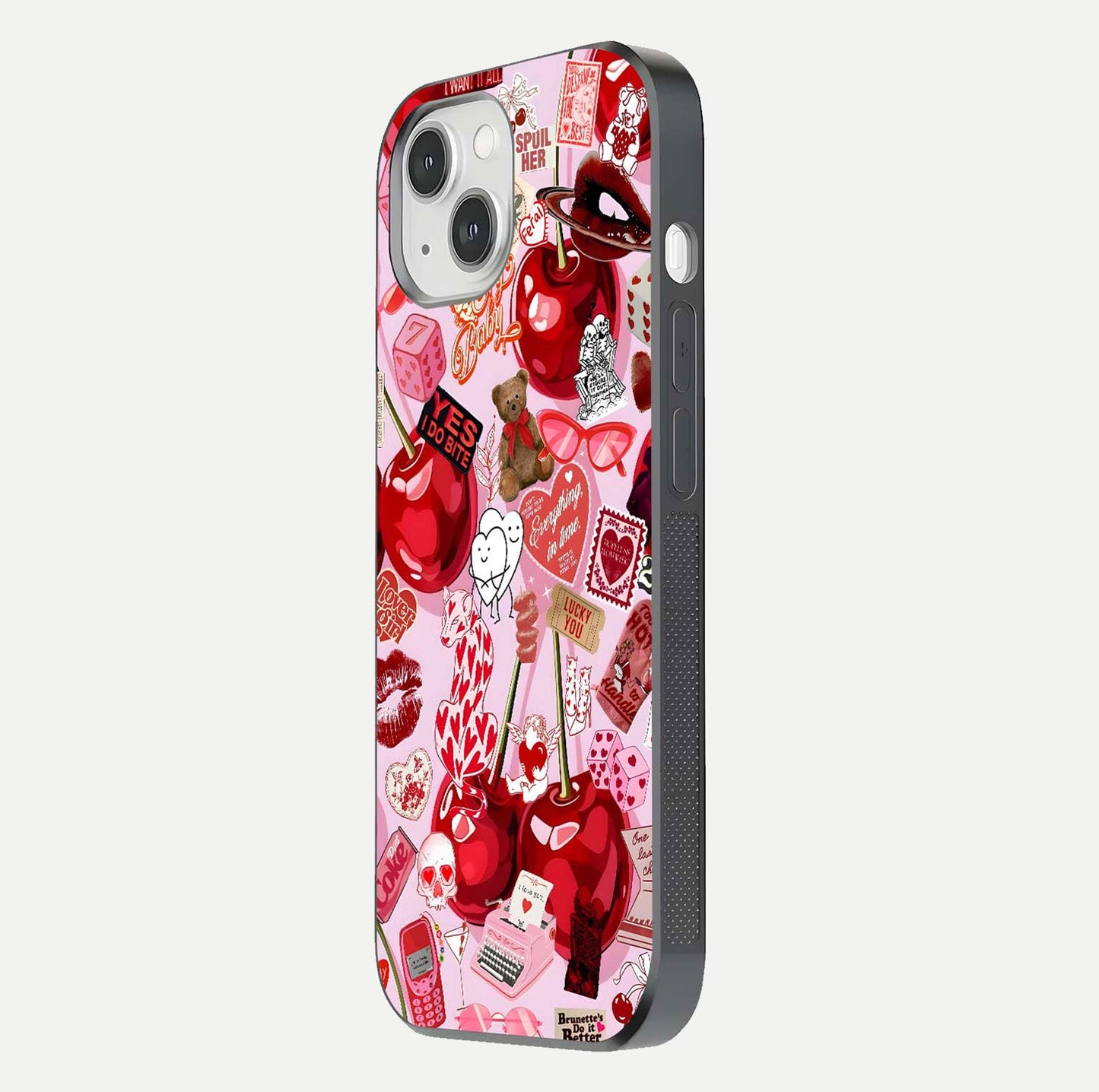 Sweet Cherry Chaos Glass Case for iPhone 14 side-angle image showing shine, gloss, and cherry details
